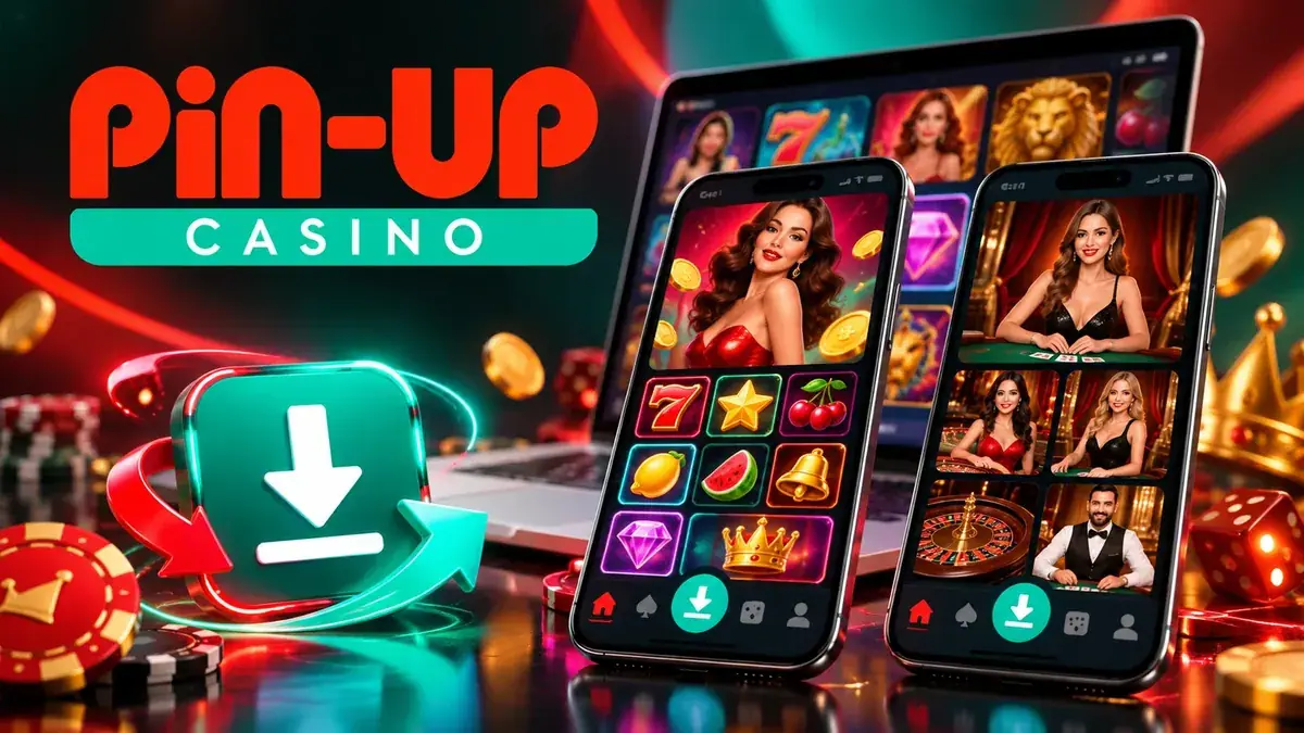 Приложение Pin Up на телефонах и ноутбуке с кнопкой загрузки