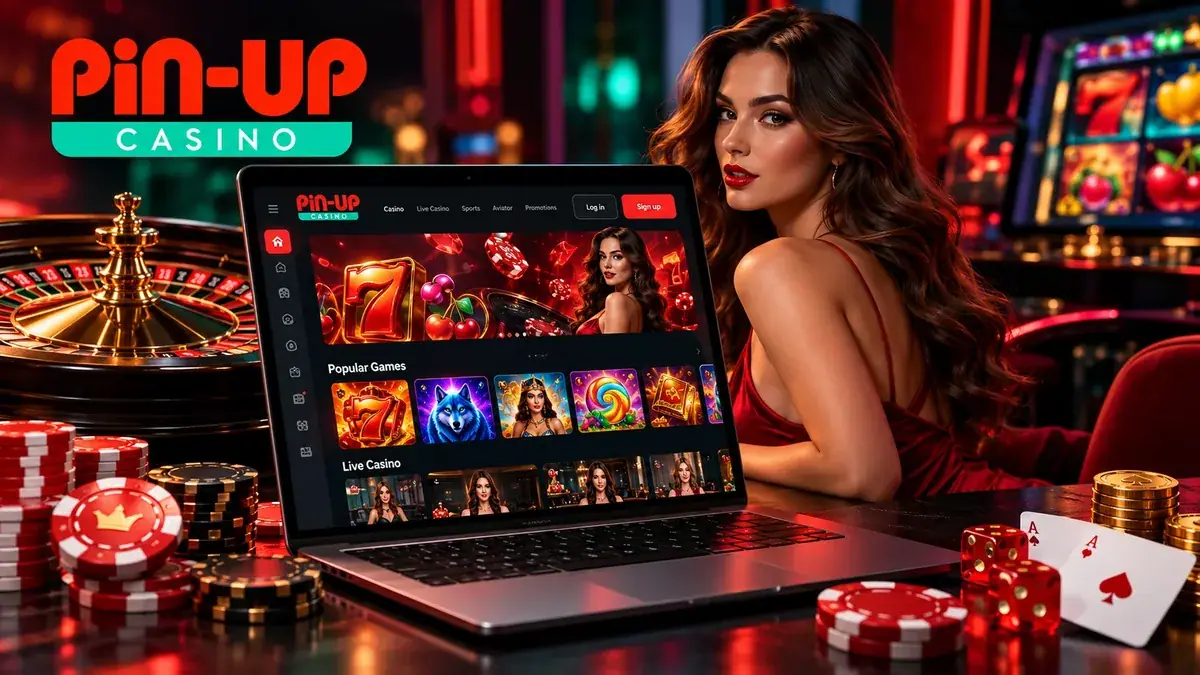 Ноутбук с лобби Pin Up Casino: слоты и рулетка, рядом девушка в красном платье